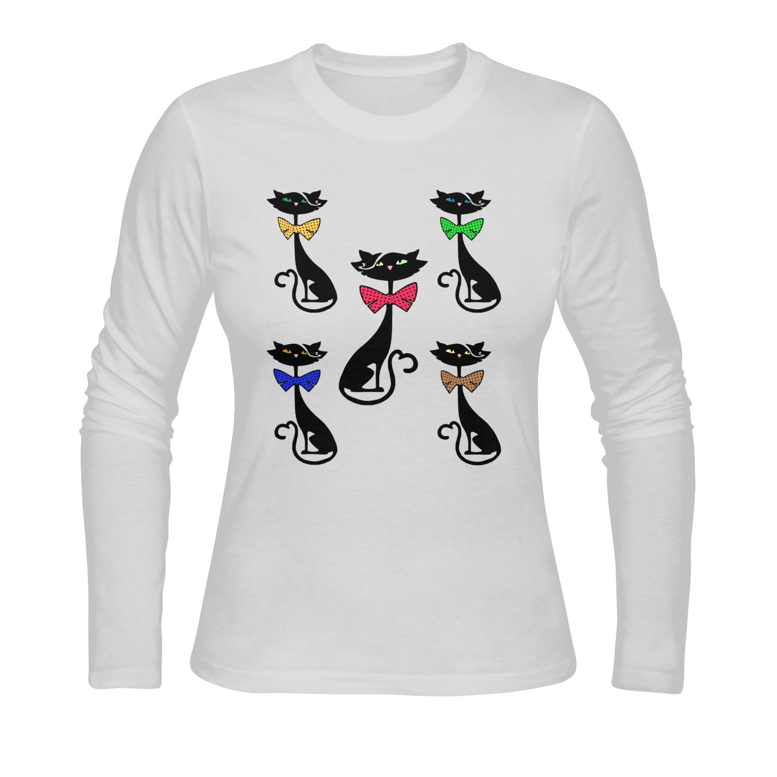 Black Cat with Bow Ties - Silver Sunny Women's T-shirt (long-sleeve) (Model T07)