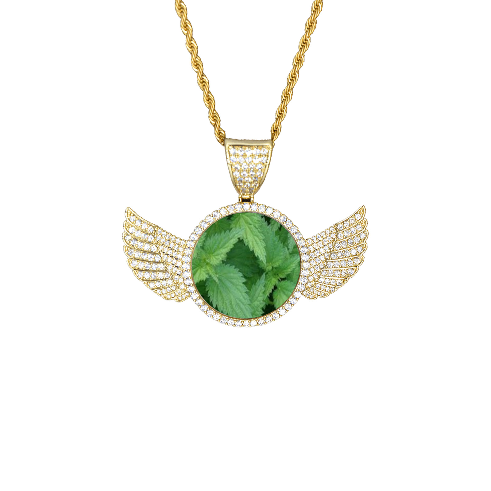 Nettle amulet is against fear, for determination and braveness. Wings Gold Photo Pendant with Rope Chain