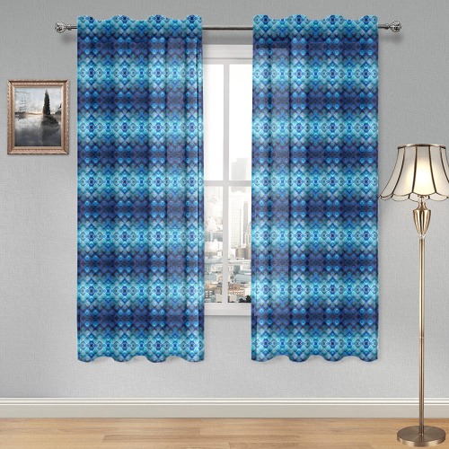 sky blue and dark blue repeating pattern Gauze Curtain 28"x63" (Two-Piece)