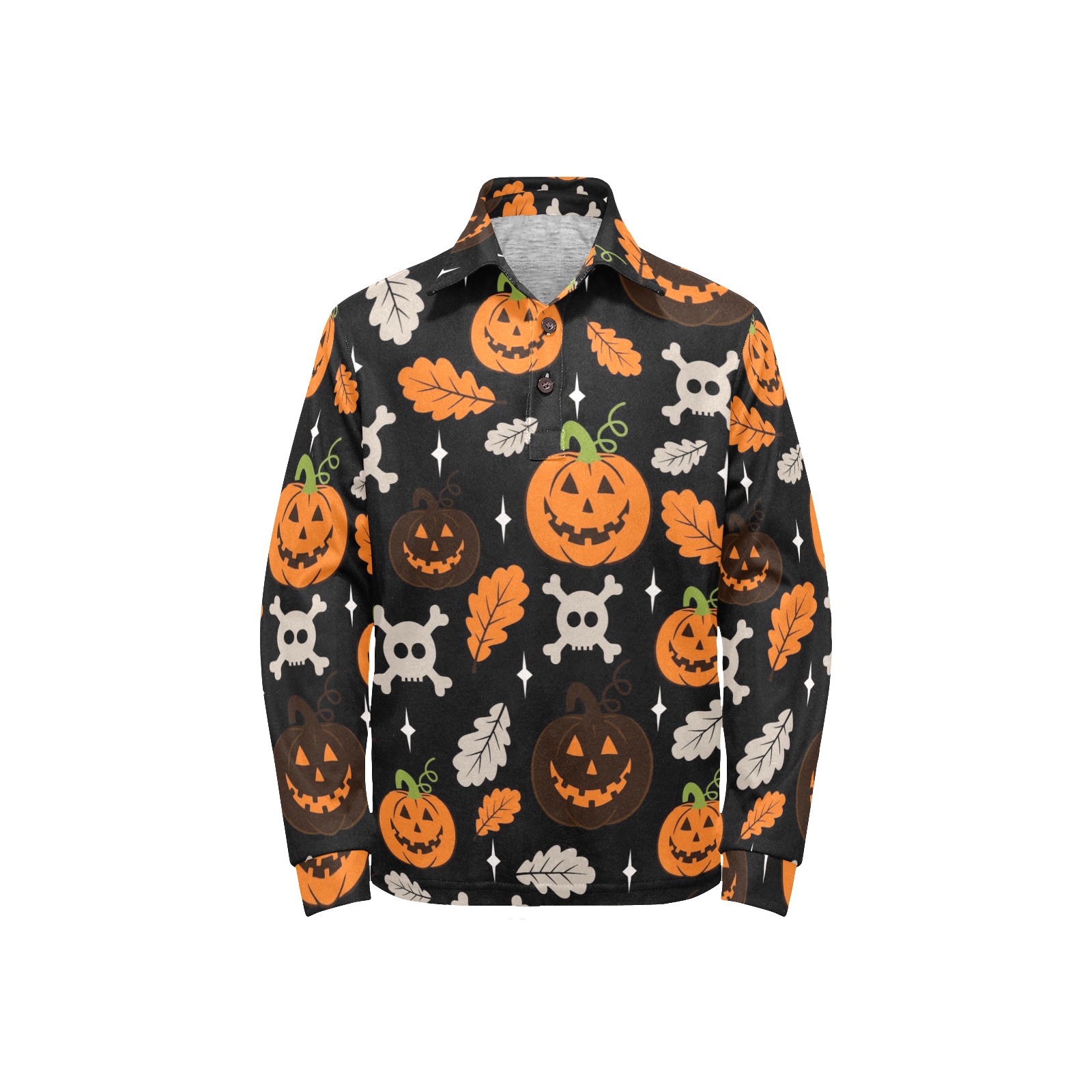 Pumpkins and Skulls - Halloween Big Girls' All Over Print Long Sleeve Polo Shirt (Model T73)