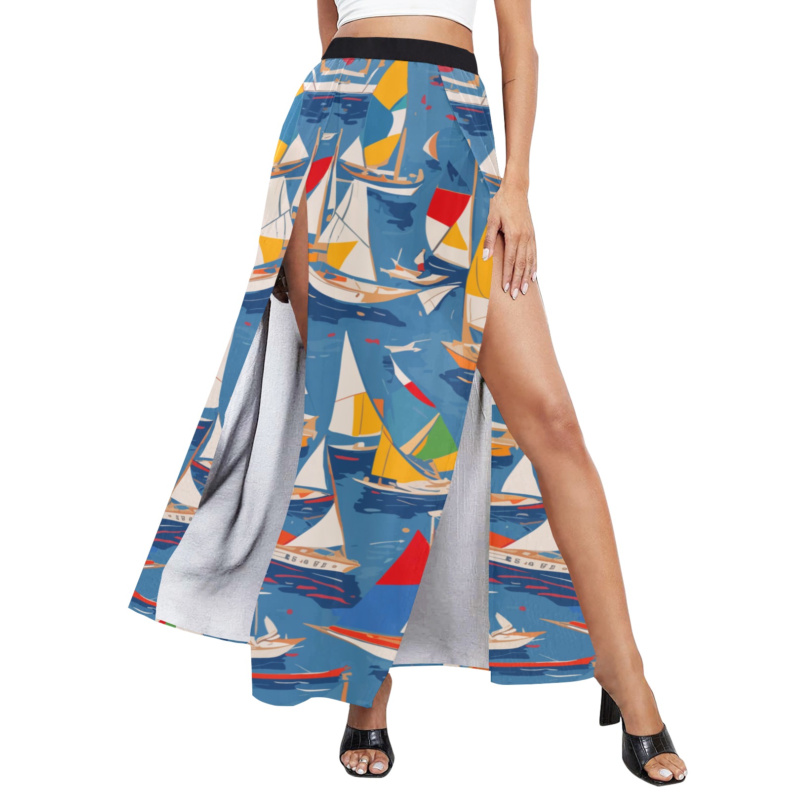 Sailboats. Cool fantasy colorful abstract art. High Slit Long Beach Dress (Model S40)