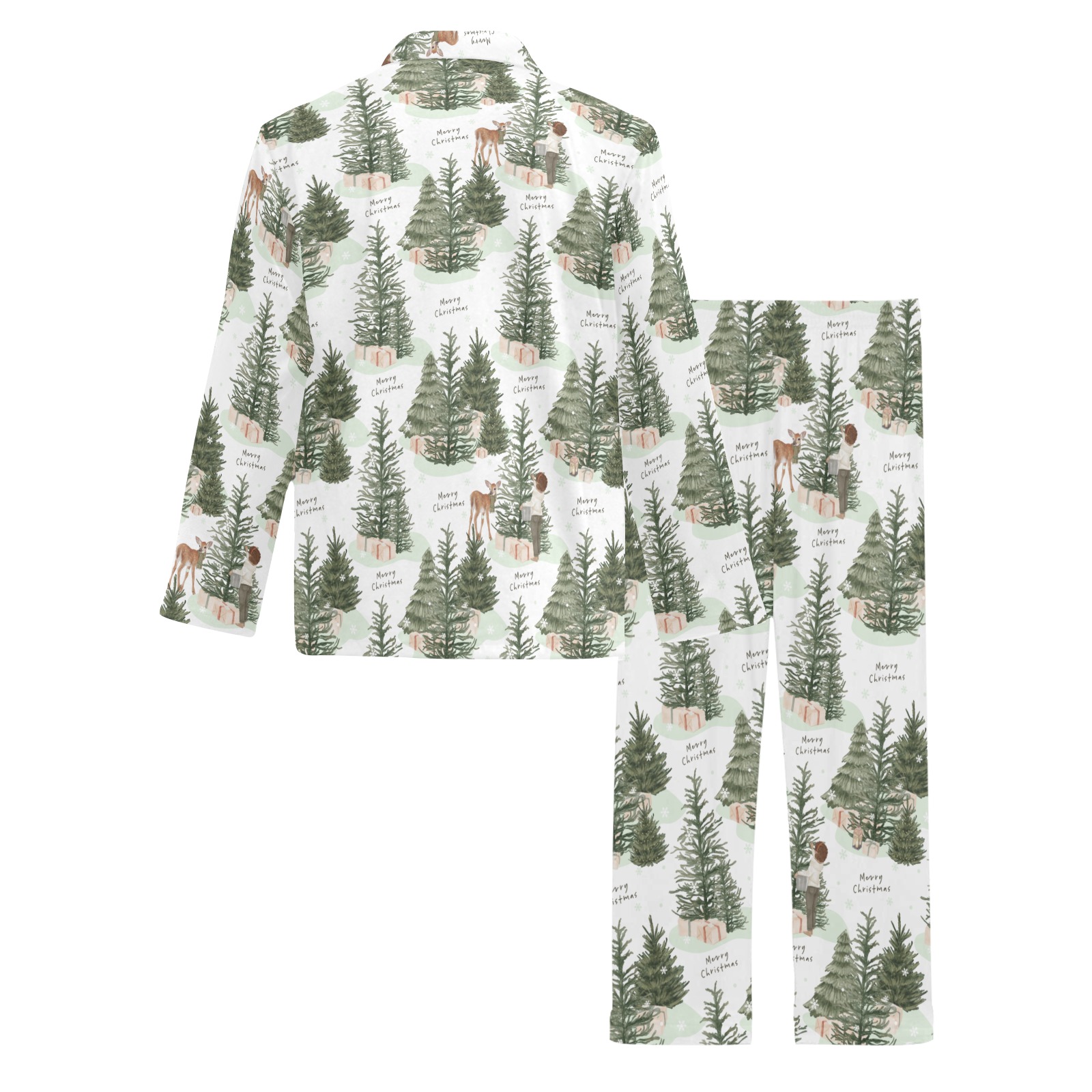 Woodland Print White Men's V-Neck Long Pajama Set