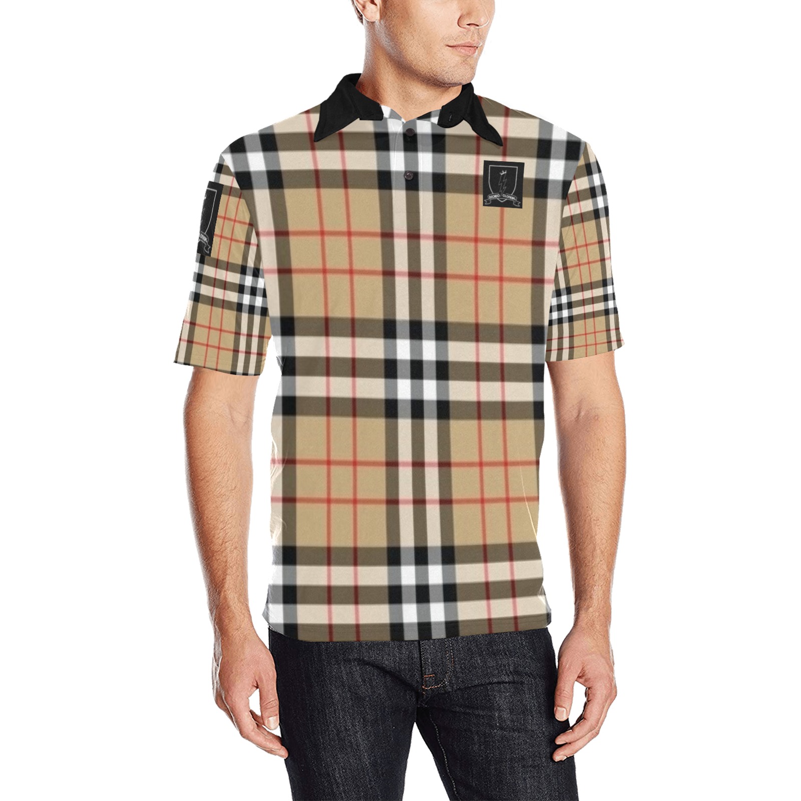DIONIO Clothing - Badge & Brown Plaid Polo Shirt Men's All Over Print Polo Shirt (Model T55)