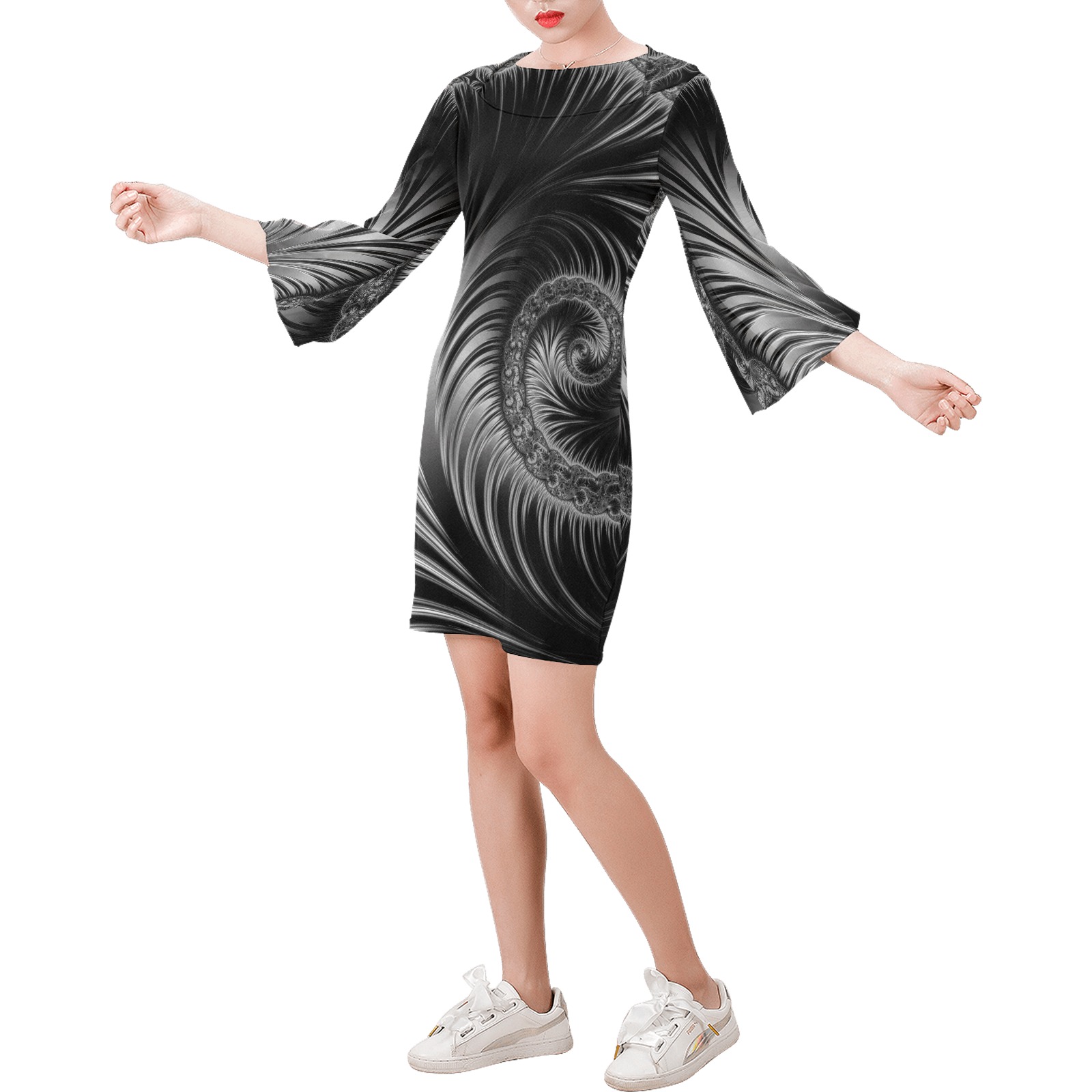 Black and Silver Spiral Fractal Abstract Bell Sleeve Dress (Model D52)