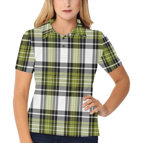 Olive Green Black Plaid Women's All Over Print Polo Shirt (Model T55)