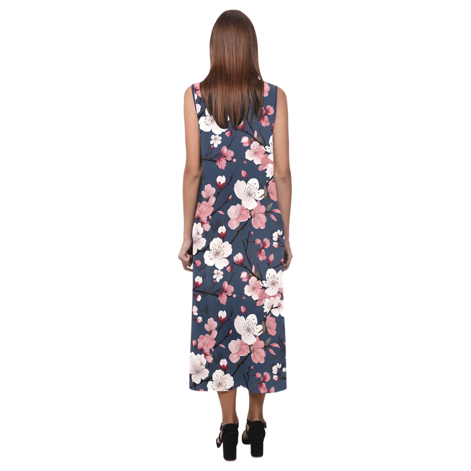 Cherry Blossoms And Navy Pattern Phaedra Sleeveless Open Fork Long Dress (Model D08)