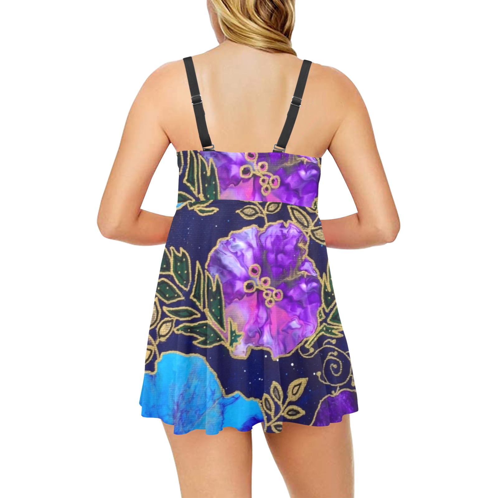 Dark Blue Floral Chest Pleat Swim Dress (Model S31)