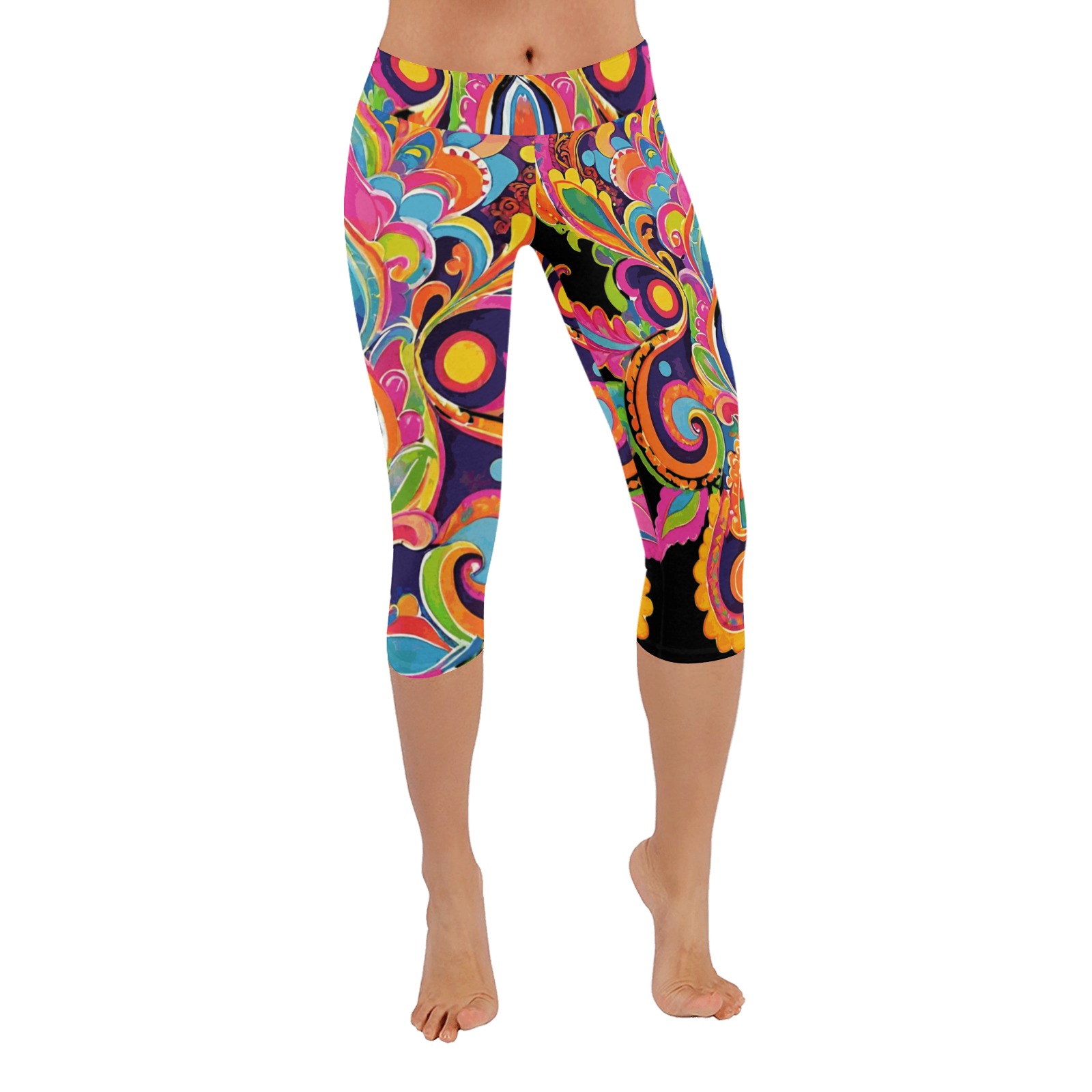 Abstract Retro Hippie Paisley Floral Women's Low Rise Capri Leggings (Invisible Stitch) (Model L08)