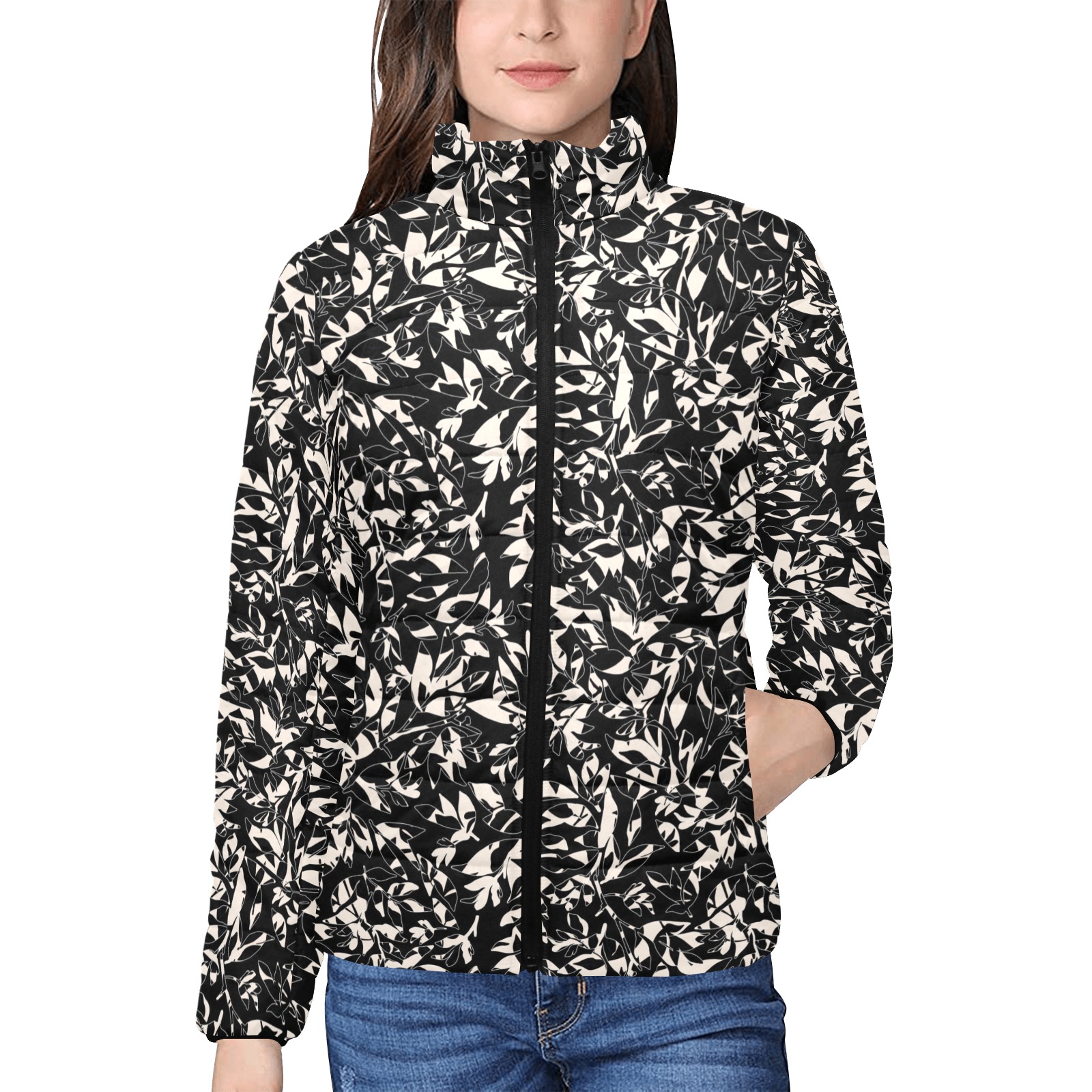 Abstract black white nature DP Women's Stand Collar Padded Jacket (Model H41)