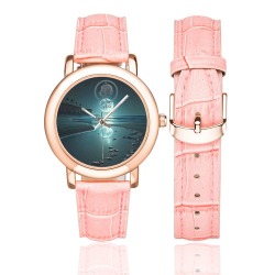 Moon with the Leo Women's Rose Gold Leather Strap Watch(Model 201)