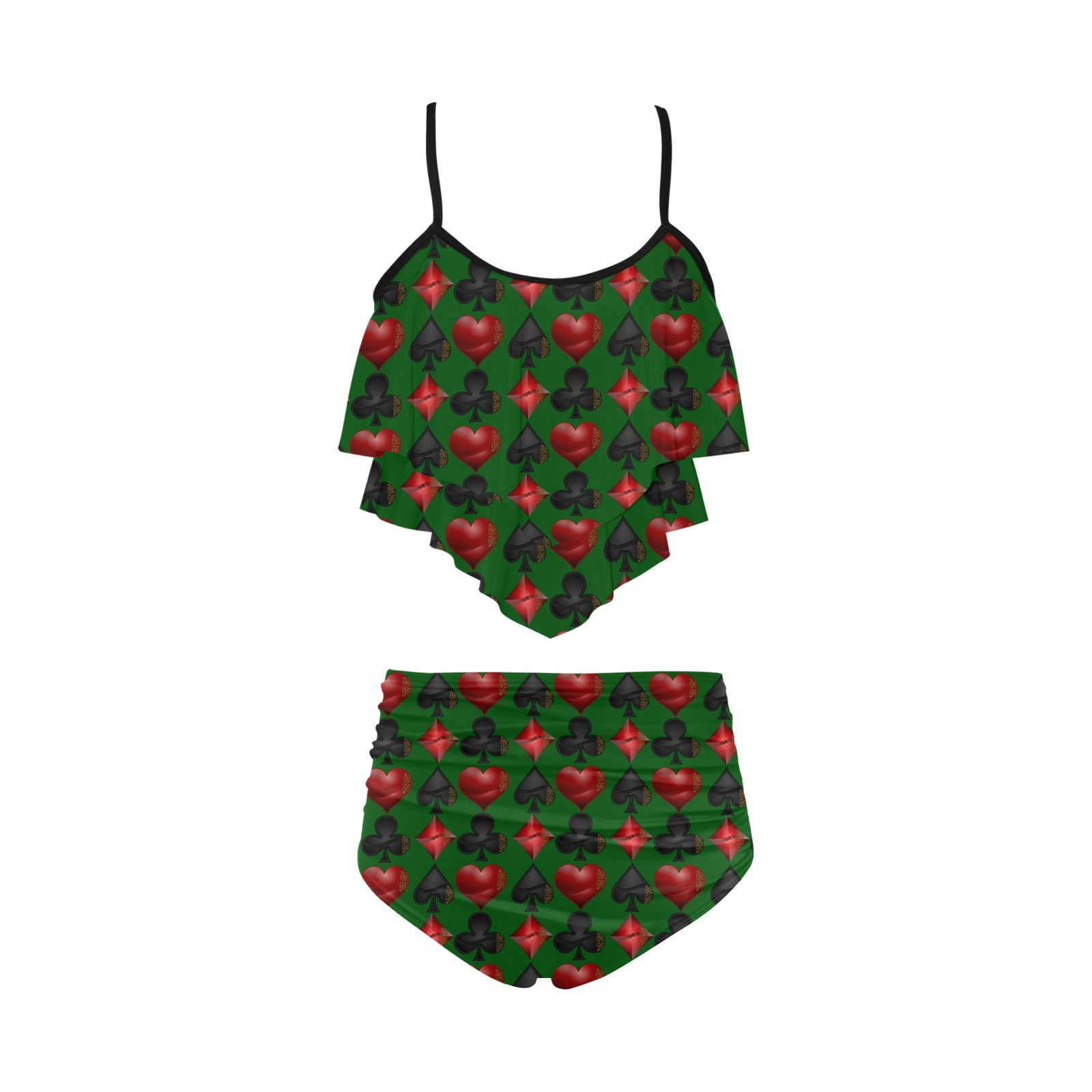 Las Vegas Black and Red Card Shapes Green High Waisted Double Ruffle Bikini Set (Model S34)