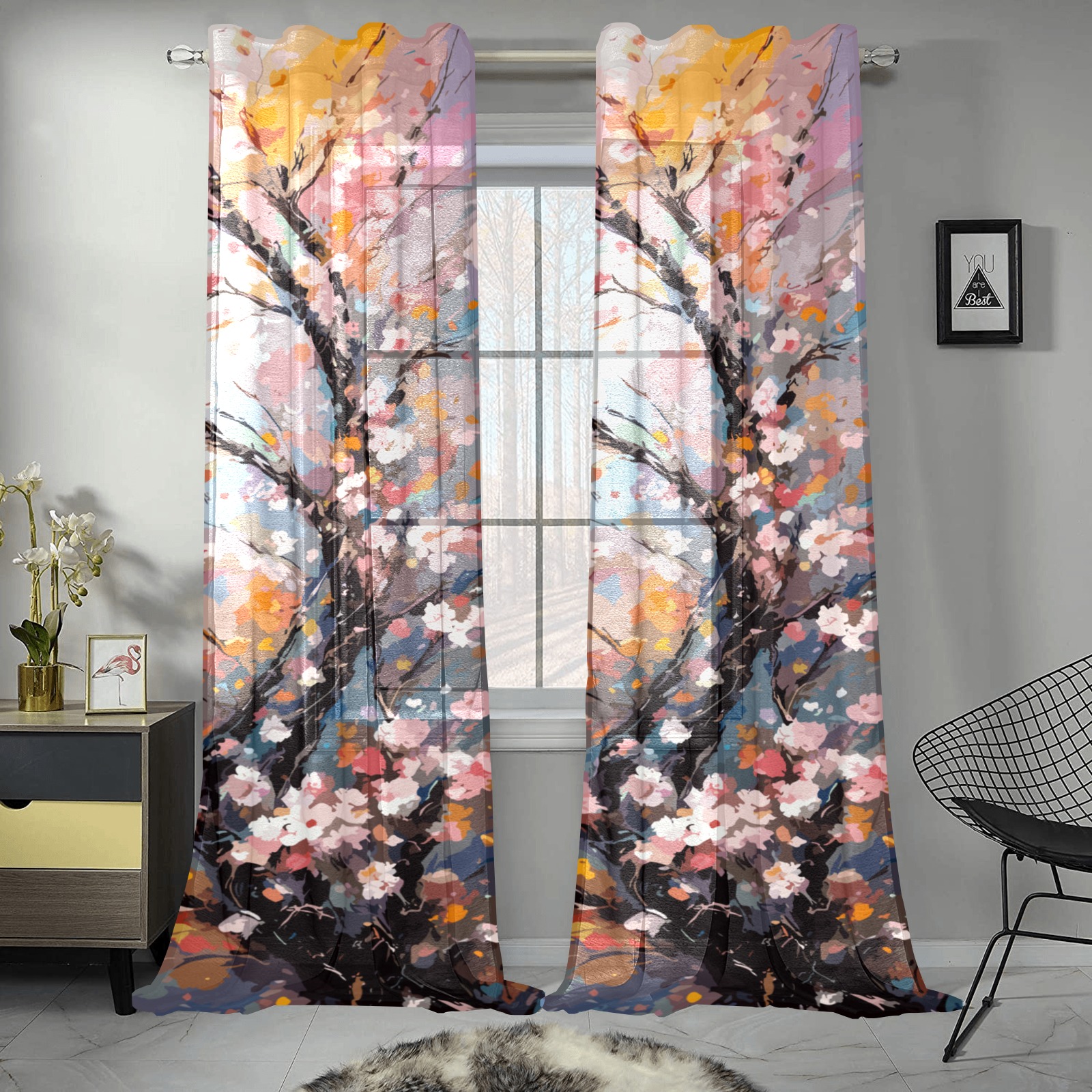 Elegant art of a sakura tree in full bloom. Gauze Curtain 28"x95" (Two-Piece)