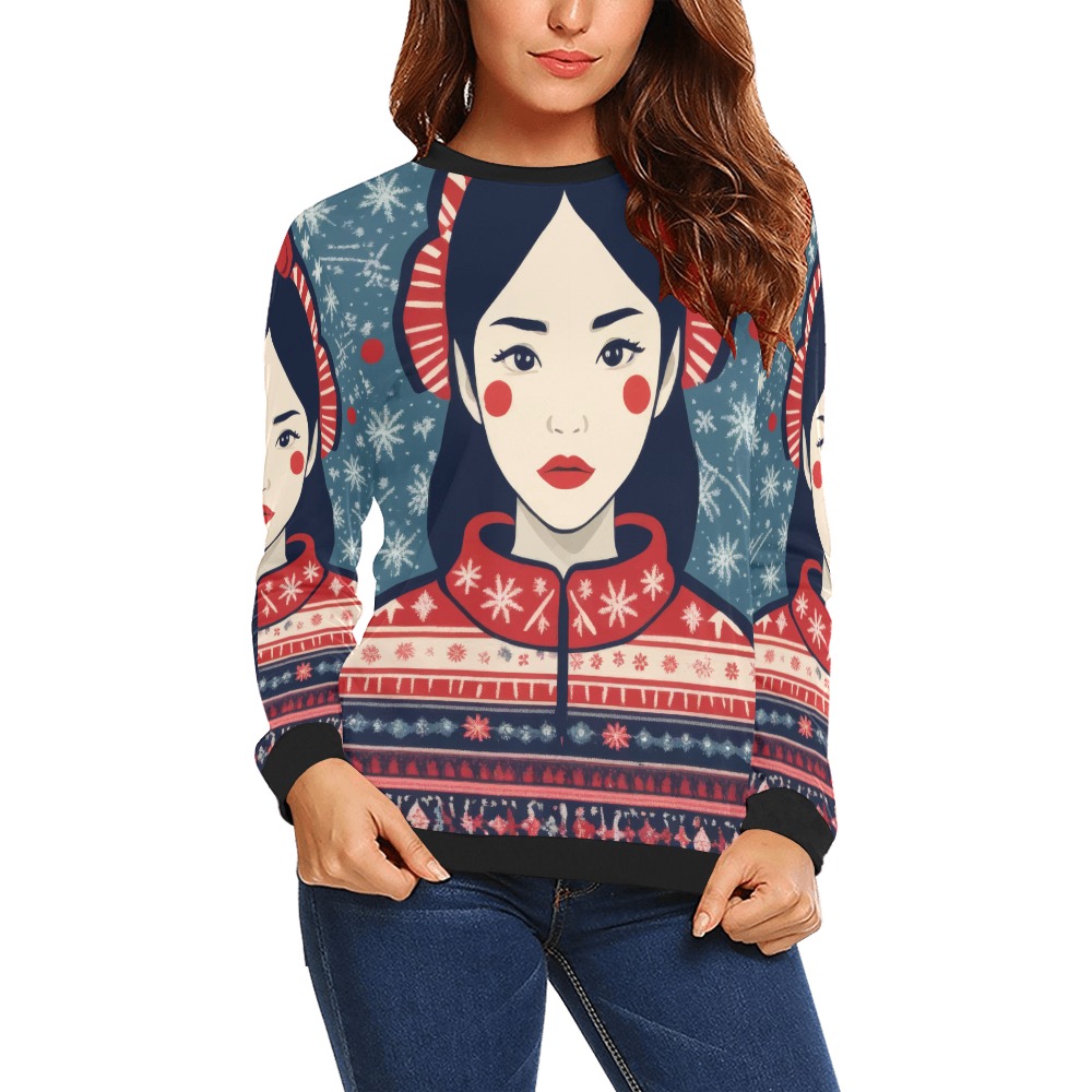 Adorable Japanese woman, ugly sweater, snowflakes. All Over Print Crewneck Sweatshirt for Women (Model H18)
