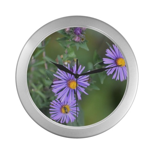 Purple Flowers Silver Color Wall Clock