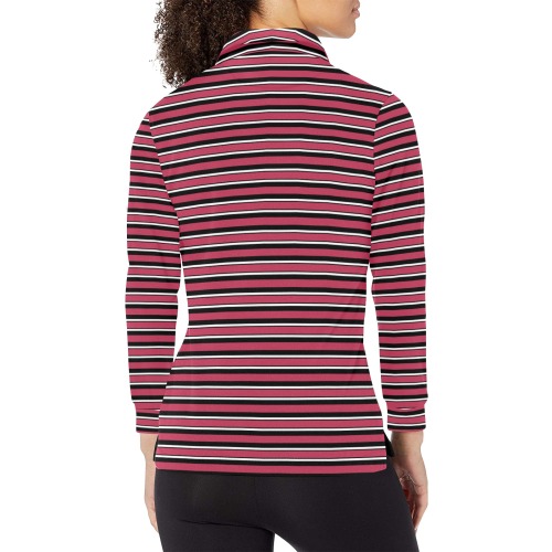 Magenta, Black and White Stripes Women's Long Sleeve Polo Shirt (Model T73)