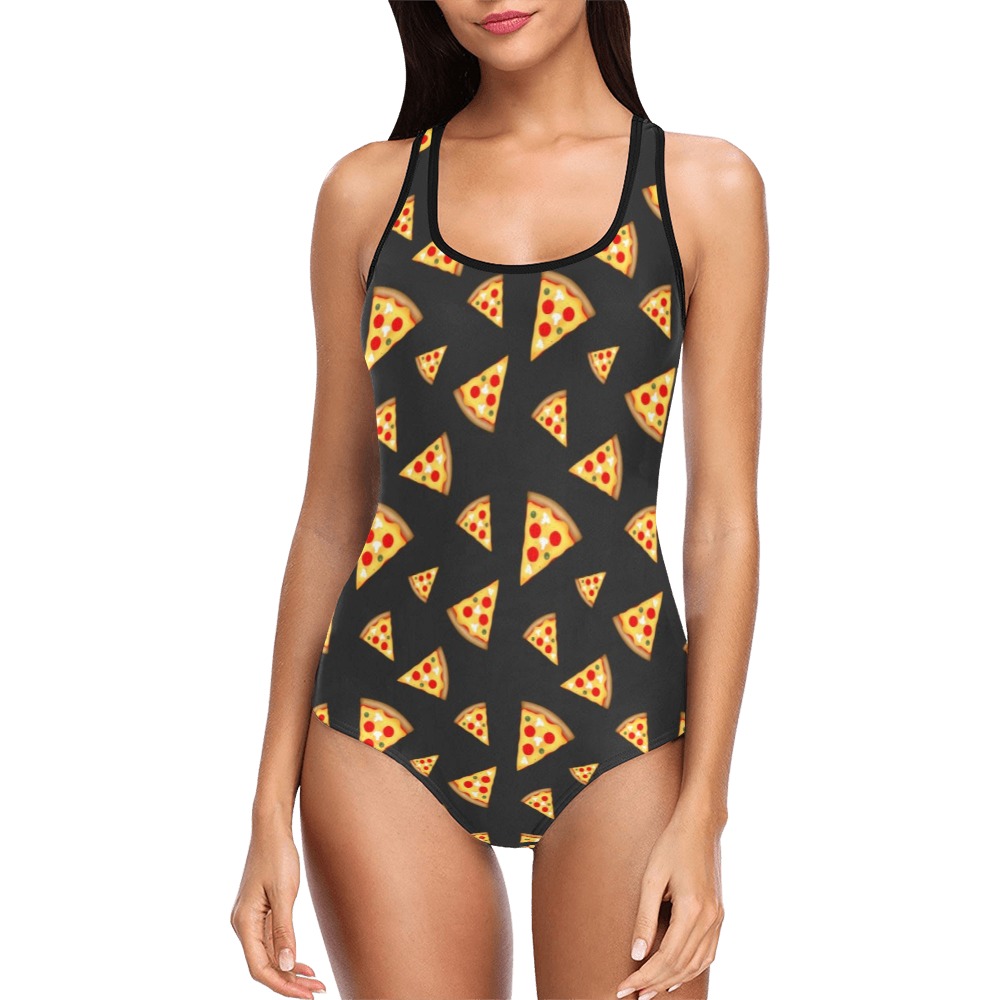 Cool and fun pizza slices dark gray pattern Vest One Piece Swimsuit (Model S04)