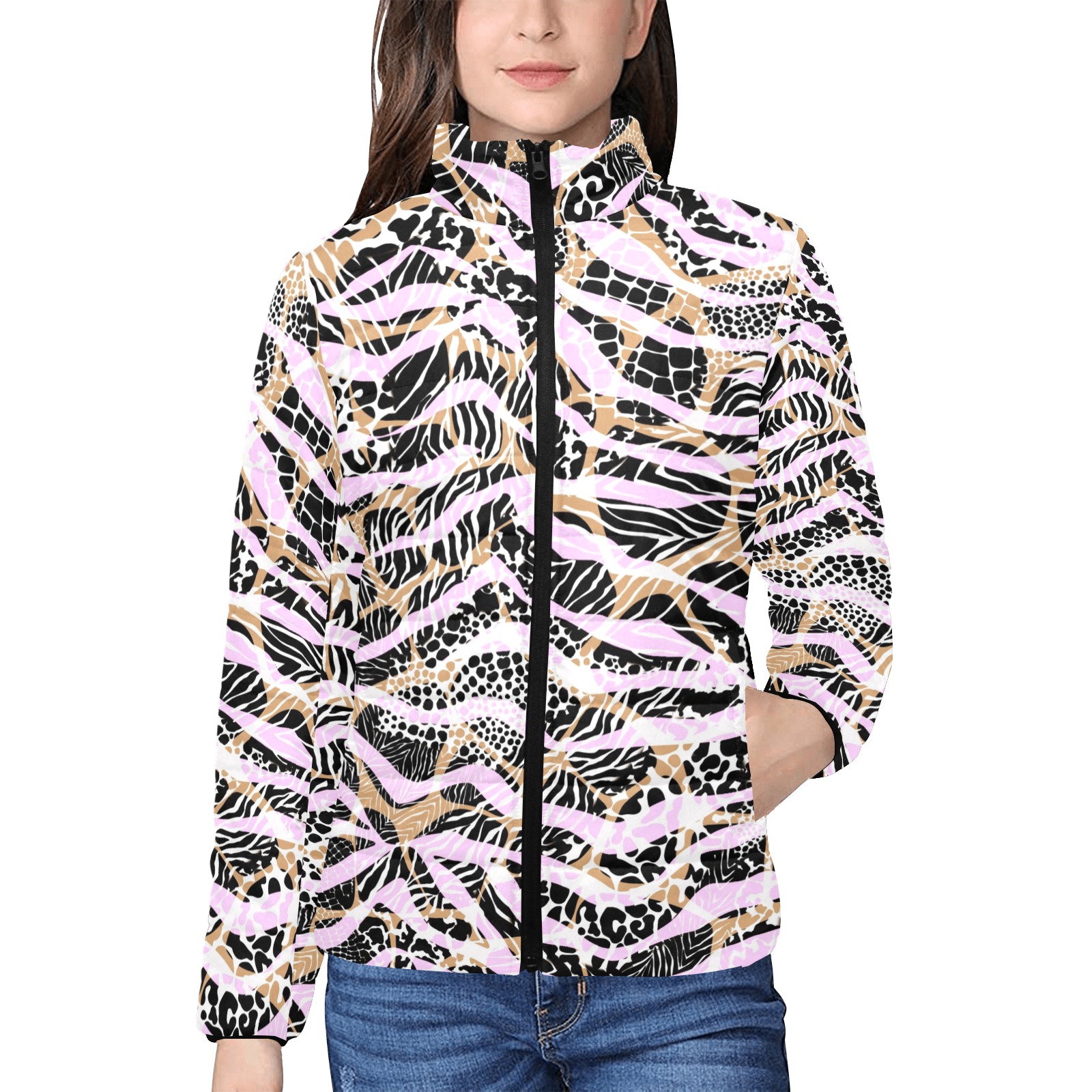 Camo animal print pink Women's Stand Collar Padded Jacket (Model H41)
