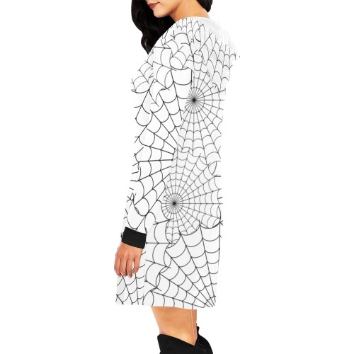 Halloween Spiderwebs - Black on White All Over Print Hoodie Mini Dress (Model H27)