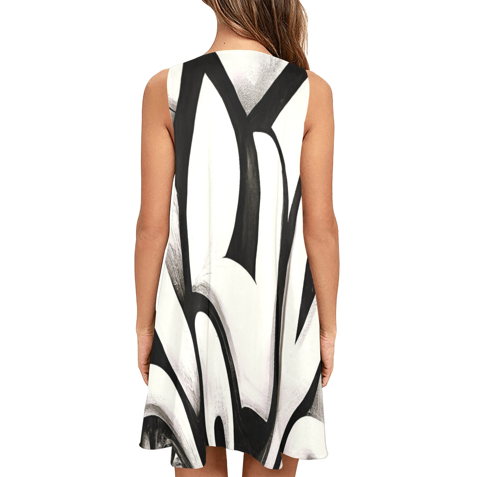 black and white graffiti style Sleeveless A-Line Pocket Dress (Model D57)