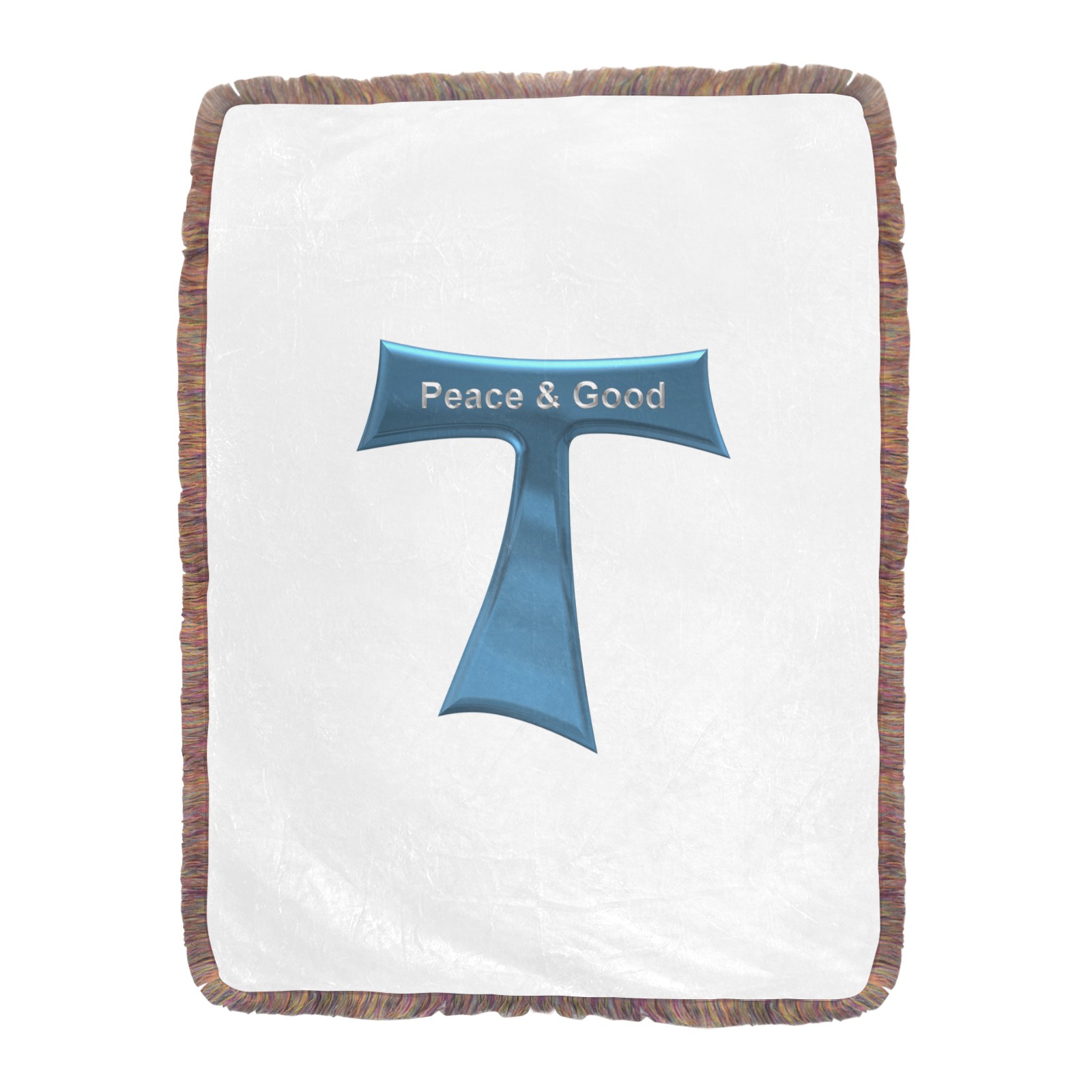 Franciscan Tau Cross Peace and Good  Blue Metallic Ultra-Soft Fringe Blanket 60"x80" (Mixed Green)