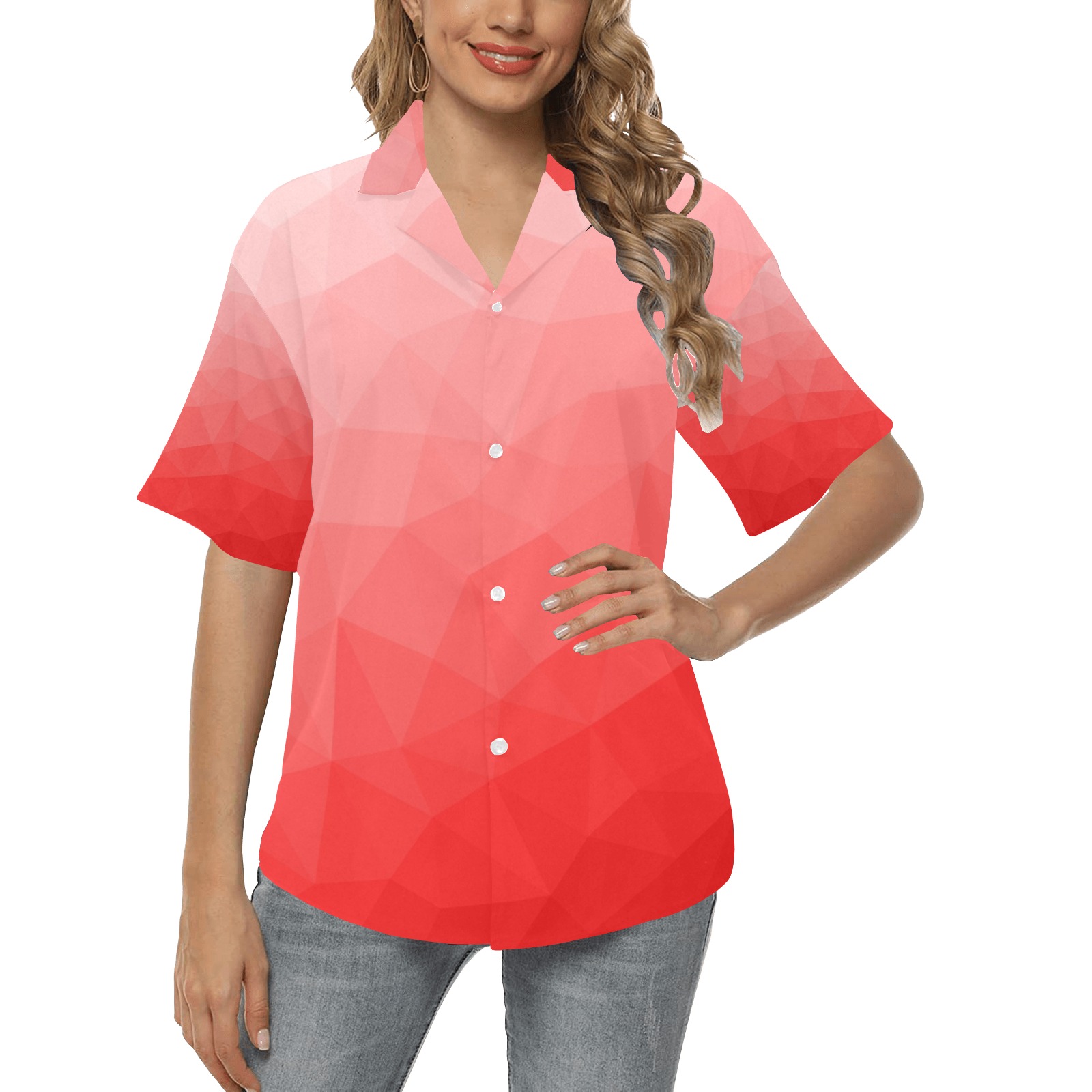 Red gradient geometric mesh pattern All Over Print Hawaiian Shirt for Women (Model T58)