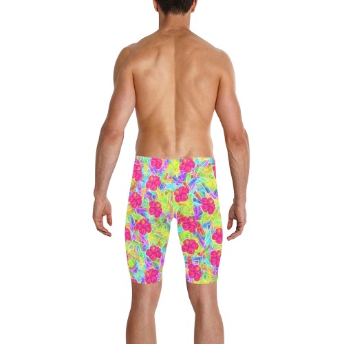 Pink Hawaiian Flowers Pattern Men's Knee Length Swimming Trunks (Model L58)