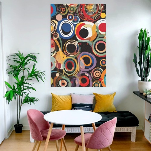 Abstract art of colorful circles, rings on black. Frame Canvas Print 32"x48"