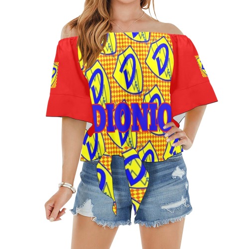 DIONIO Clothing - Women's Off Shoulder Knot Blouse (Red Grand Prix Logo) Off Shoulder Knot Front Blouse (Model T71)