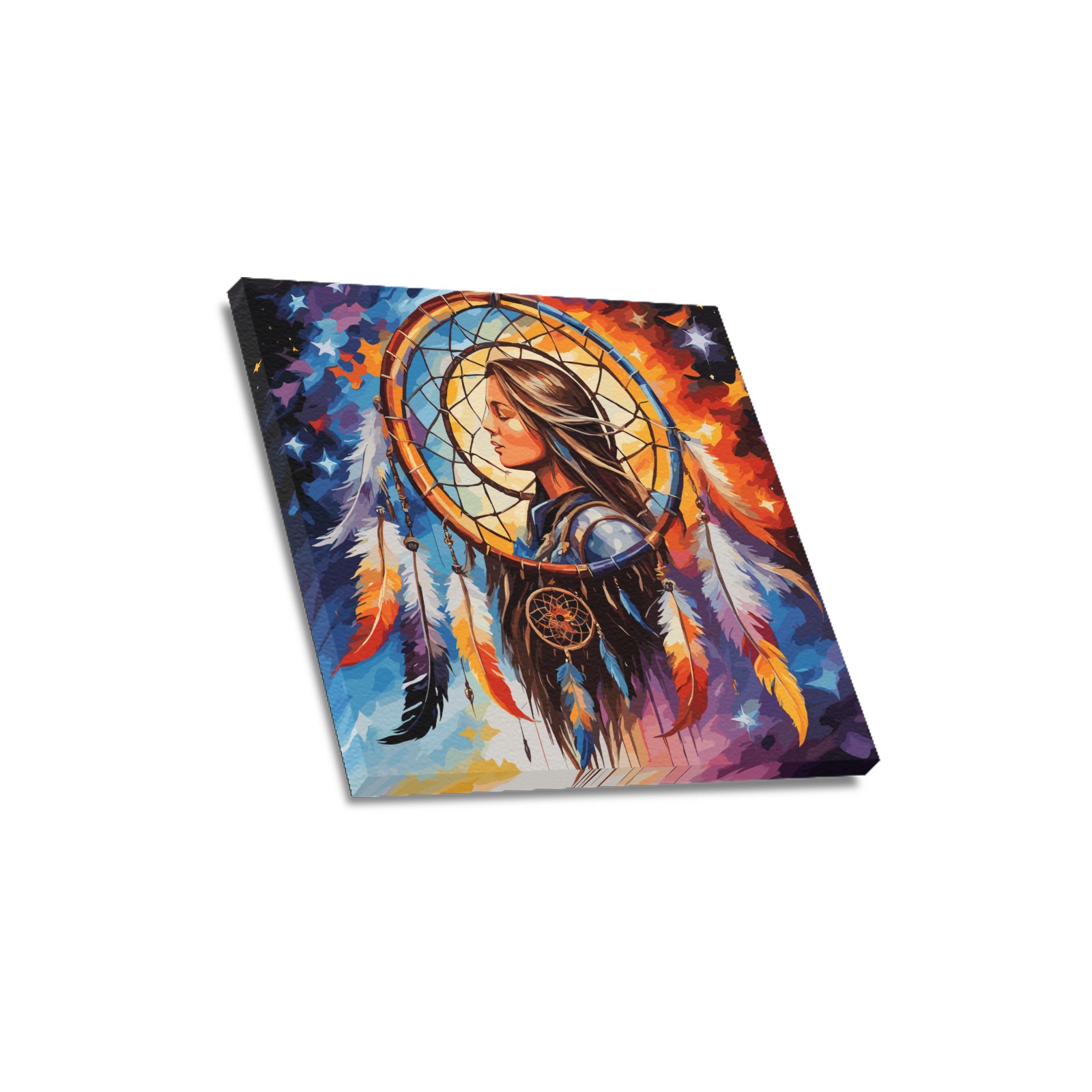 Dreaming woman inside a dreamcatcher colorful art. Upgraded Canvas Print 16"x16"