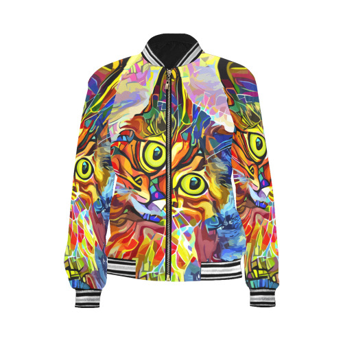 Abstract Cat Face Artistic Pet Portrait Painting All Over Print Bomber Jacket for Women (Model H21)