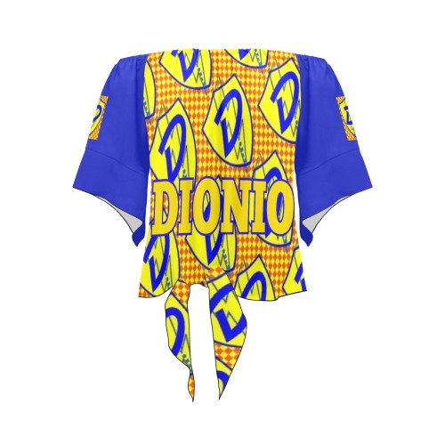 DIONIO Clothing - Women's Off Shoulder Knot Blouse (Blue Grand Prix Logo) Off Shoulder Knot Front Blouse (Model T71)