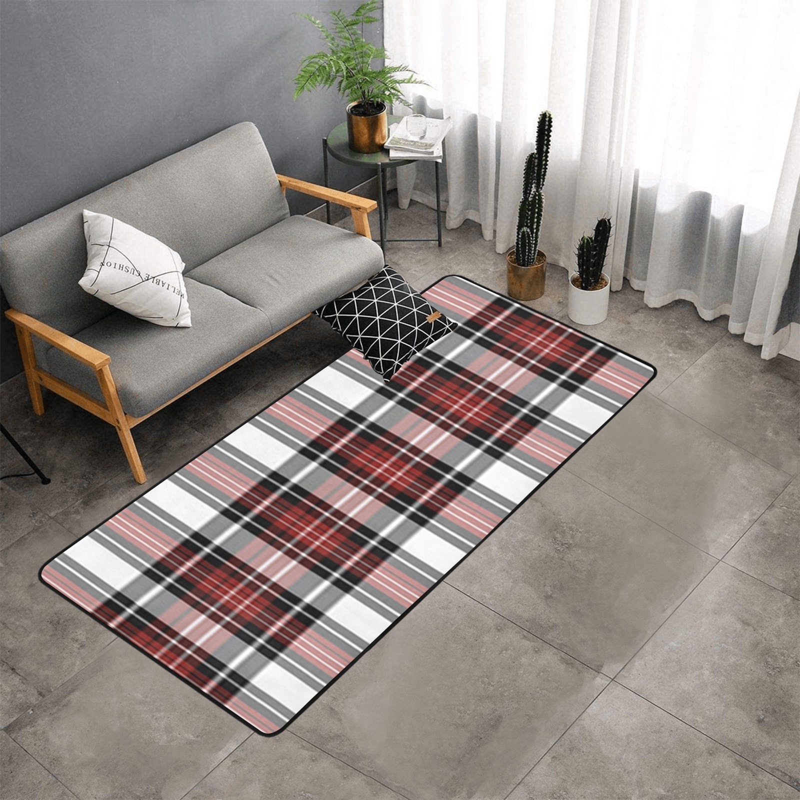 Red Black Plaid Area Rug with Black Binding  7'x3'3''