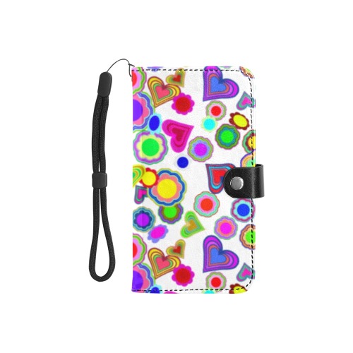 Groovy Hearts and Flowers White Flip Leather Purse for Mobile Phone/Small (Model 1704)