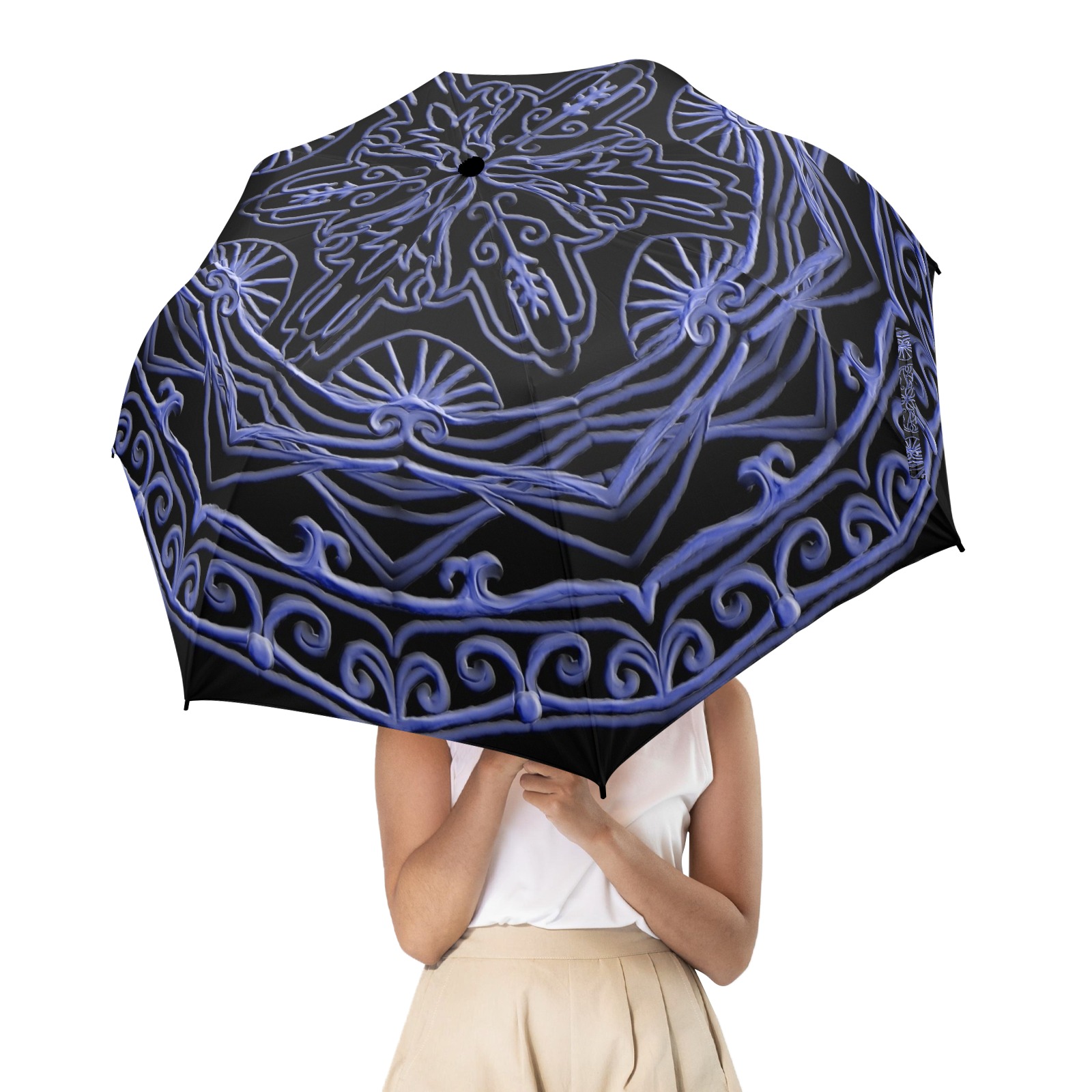 mandala 3D-9 bleu Semi-Automatic Foldable Umbrella (Model U12)
