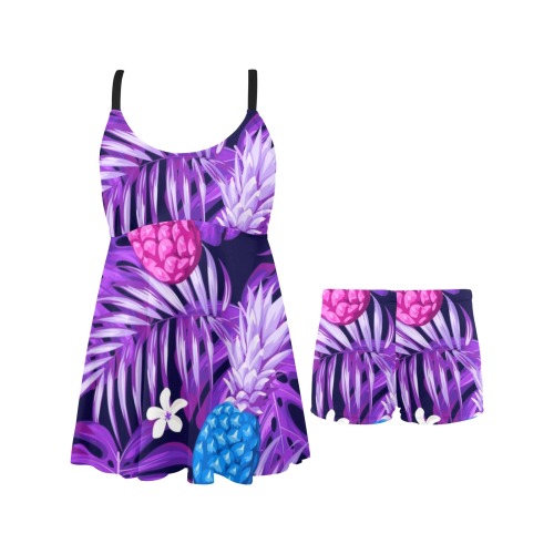 Purple Tropical Chest Pleat Swim Dress (Model S31)