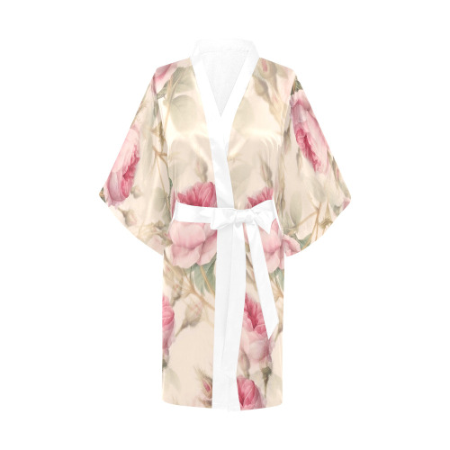 Vintage Pink Rose Garden Pattern Kimono Robe