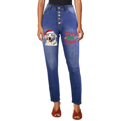 Fury And Bright Christmas Golden Retriever Women's Jeans (Front Printing)