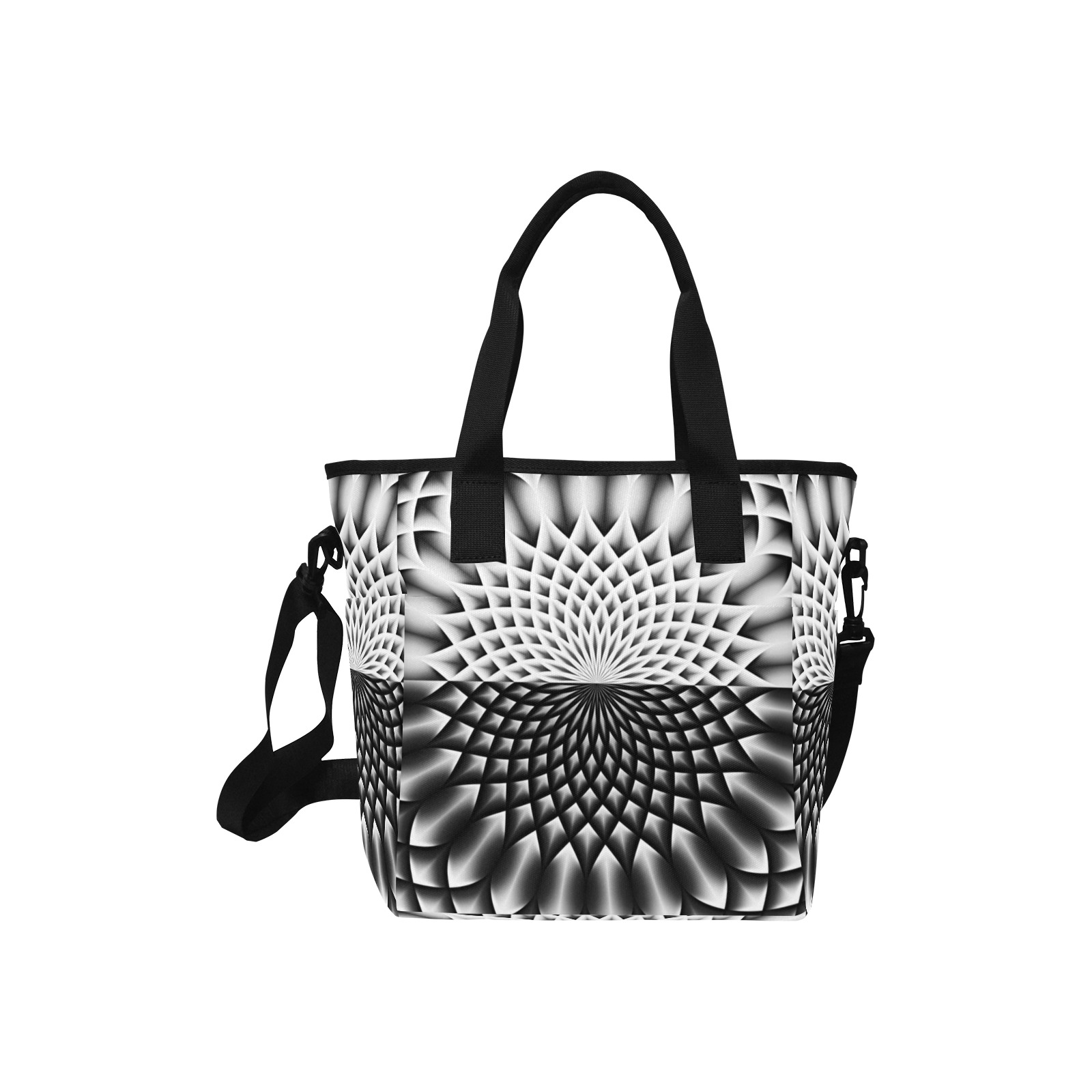 Lotus Flower Mandala Black Grey White Insulated Tote Bag with Shoulder Strap (Model 1724)