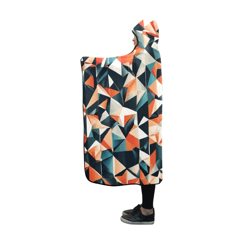 Orange, white, turquoise, black triangle shapes. Hooded Blanket 60''x50''