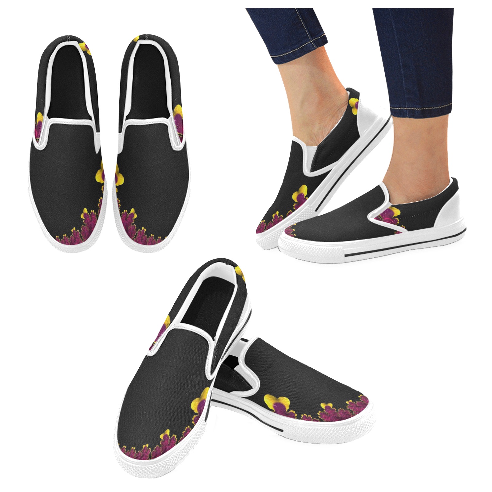 Purple Mauve and Yellow Fringe on Black Fractal Abstract Slip-on Canvas Shoes for Kid (Model 019)
