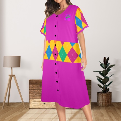 DIONIO Clothing - Women's Pink & Yellow Button Front House Dress (Pink D-Shield Logo) Women's Button Front House Dress