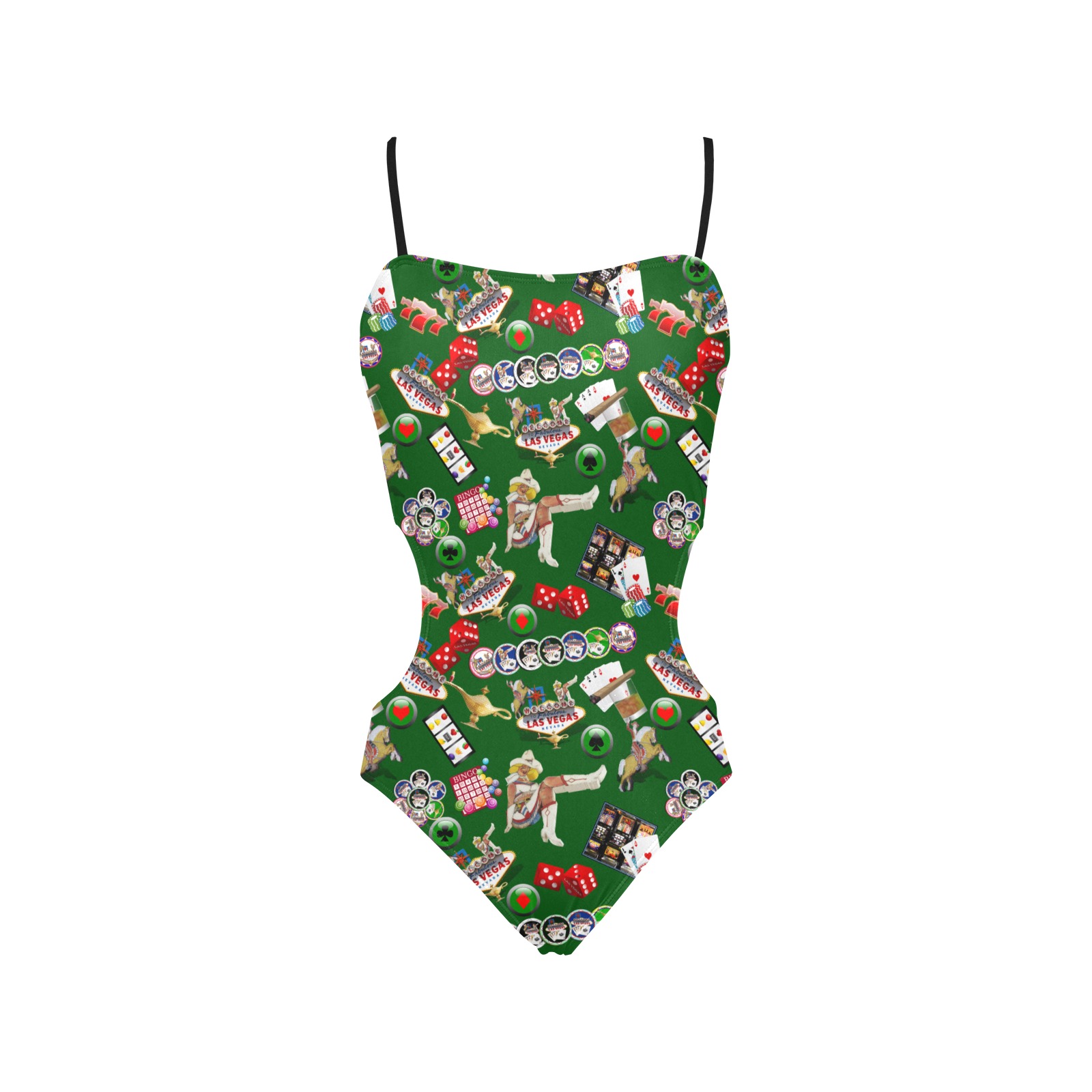 Las Vegas Icons Gamblers Delight / Green Spaghetti Strap Cut Out Sides Swimsuit (Model S28)