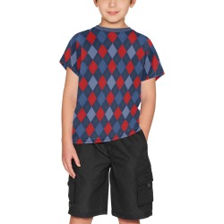 Blue and Red Argyle Big Boys' All Over Print Crew Neck T-Shirt (Model T40-2)