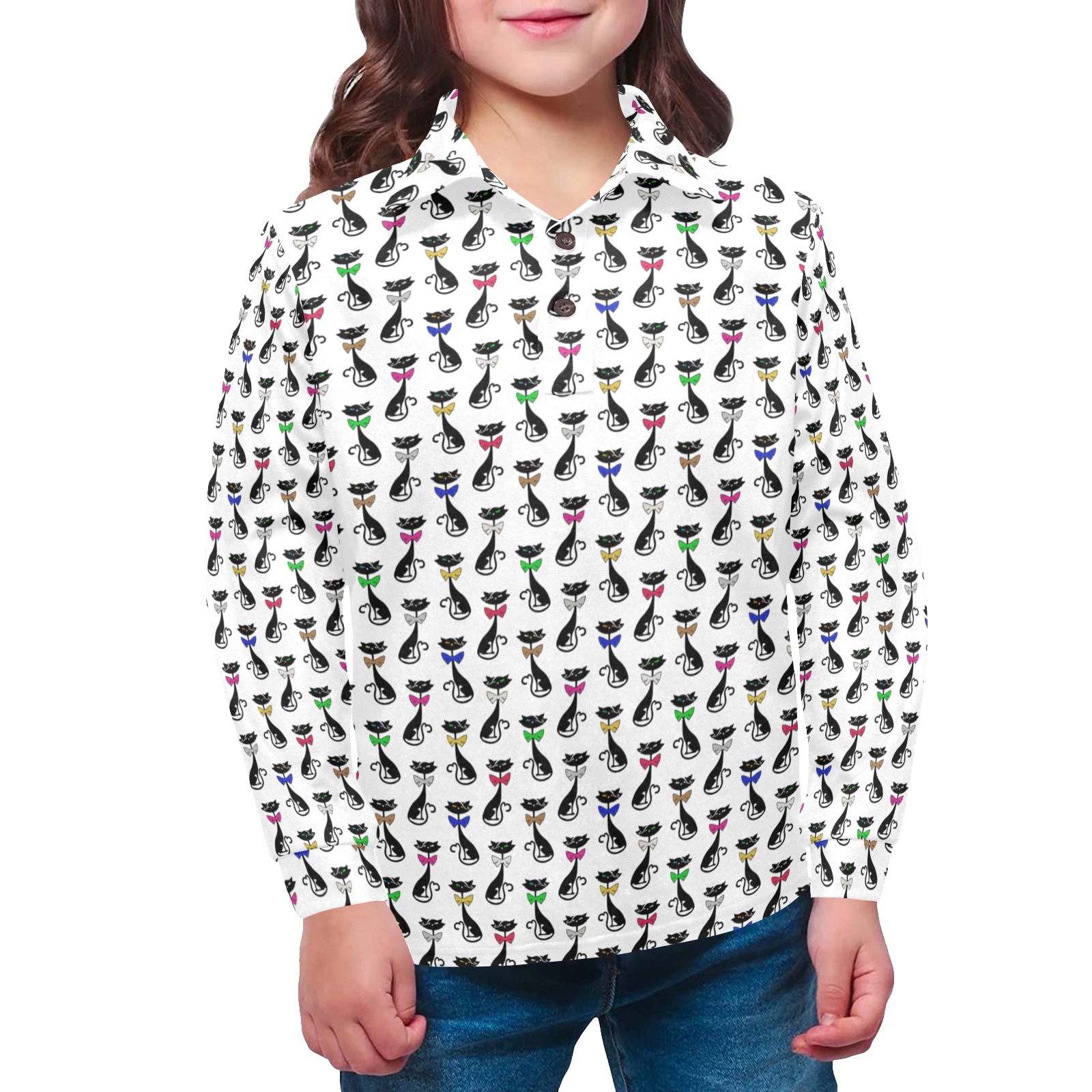 Black Cats Wearing Bow Ties Little Girls' All Over Print Long Sleeve Polo Shirt (Model T73)