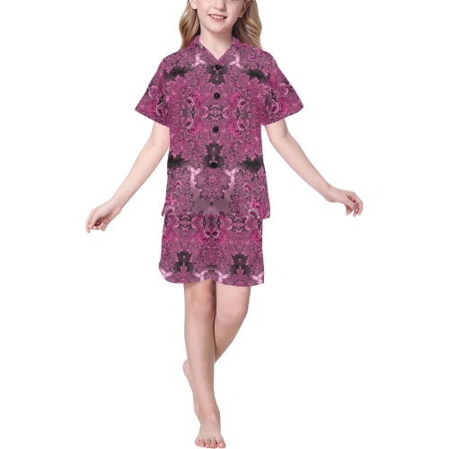 Pink Azalea Bushes Frost Fractal Big Girls' V-Neck Short Pajama Set