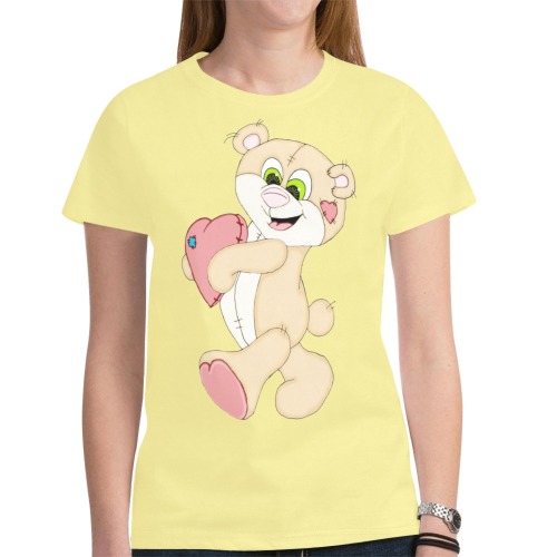 Patchwork Heart Teddy Light Yellow New All Over Print T-shirt for Women (Model T45)