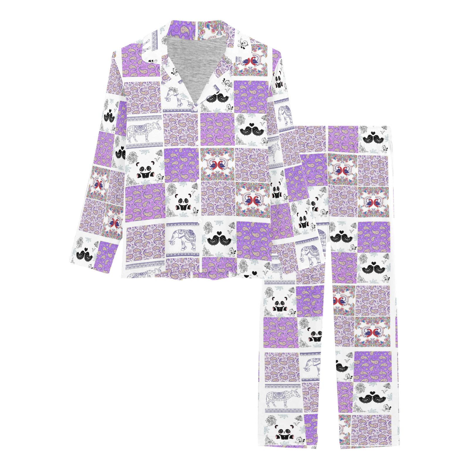 Purple Paisley Birds and Animals Patchwork Design Women's Long Pajama Set