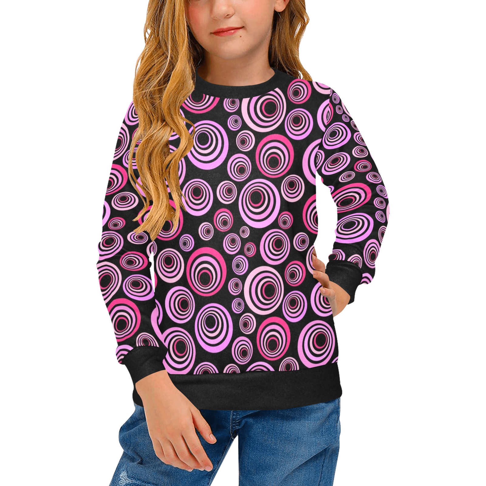 Retro Psychedelic Pretty Pink Pattern Girls' All Over Print Crew Neck Sweater (Model H49)