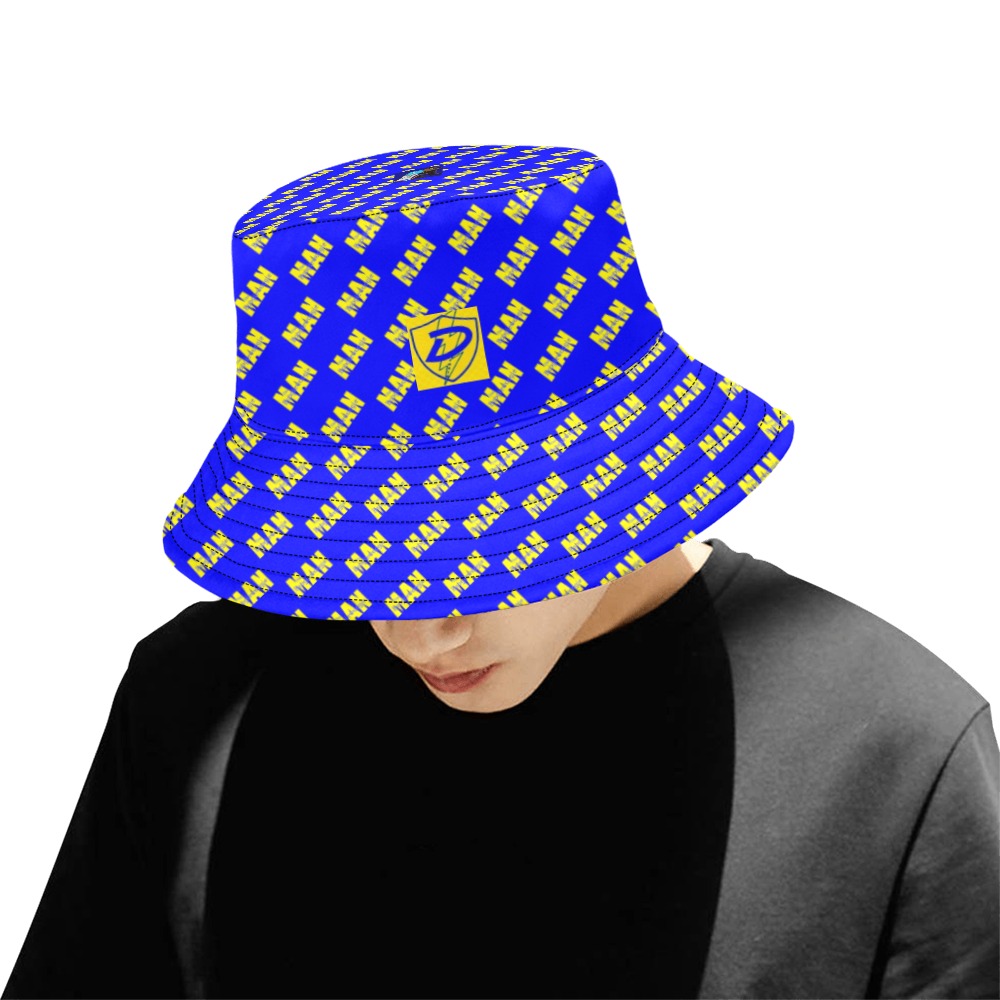 DIONIO Clothing - Tha Boogiewoogie Man Bucket Hat ( Blue & Yellow Repeat Logo) All Over Print Bucket Hat for Men