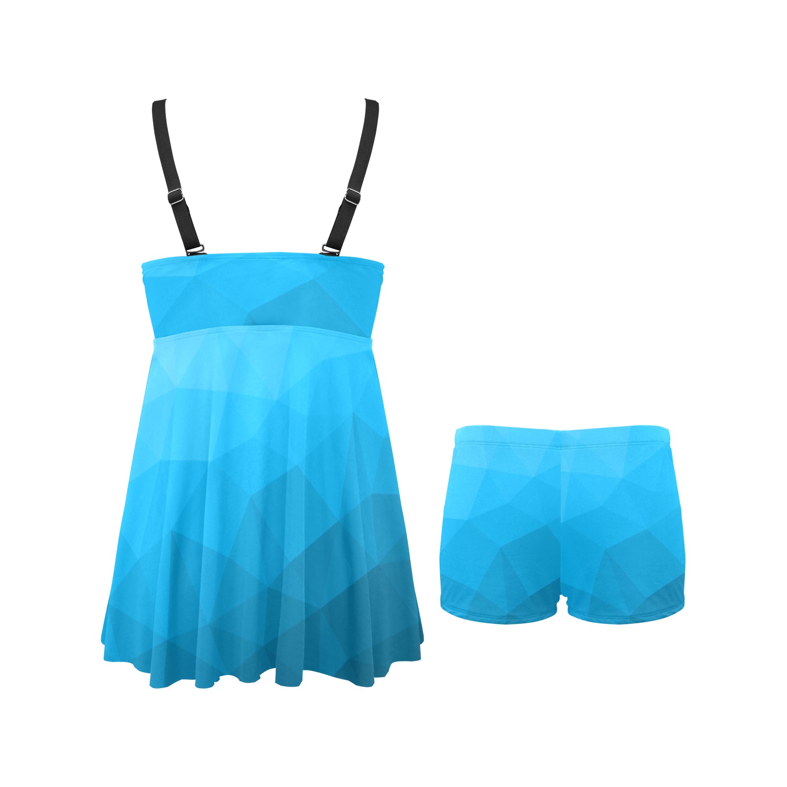 Cyan gradient geometric mesh pattern Chest Pleat Swim Dress (Model S31)